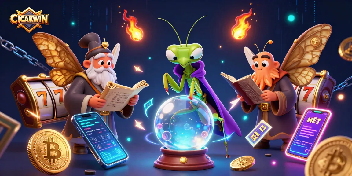 CICAKWIN fortune teller at a slot machine, revealing winning strategies amidst shimmering crypto coins.