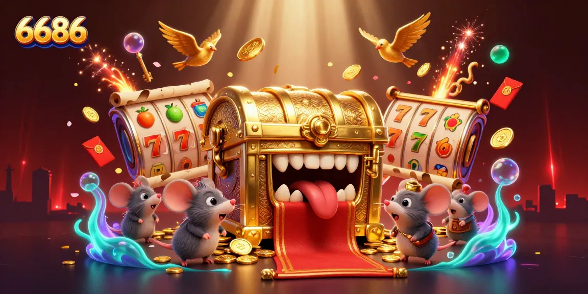Spin and win at 6686: Explore a vibrant 3D illustration of a treasure chest with casino elements.