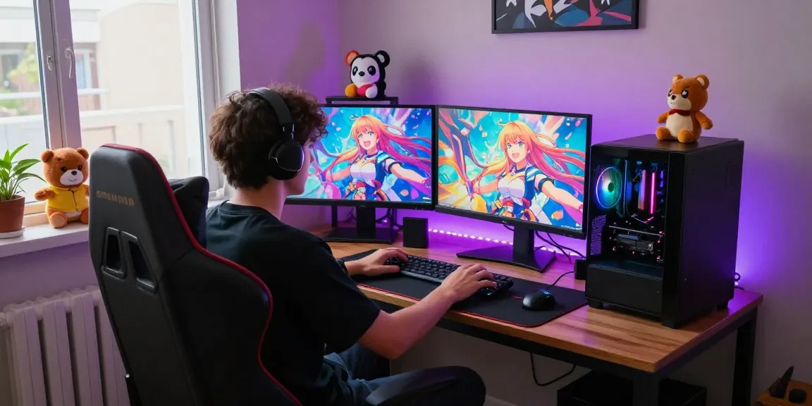 Engaged player enjoying an ecchi simulator in a cozy gaming setup with vibrant anime graphics and ambient lighting.