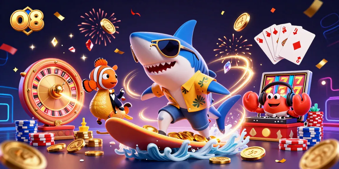 Catch winnings at O8 with energetic casino scene featuring a shark, clownfish, and crab.