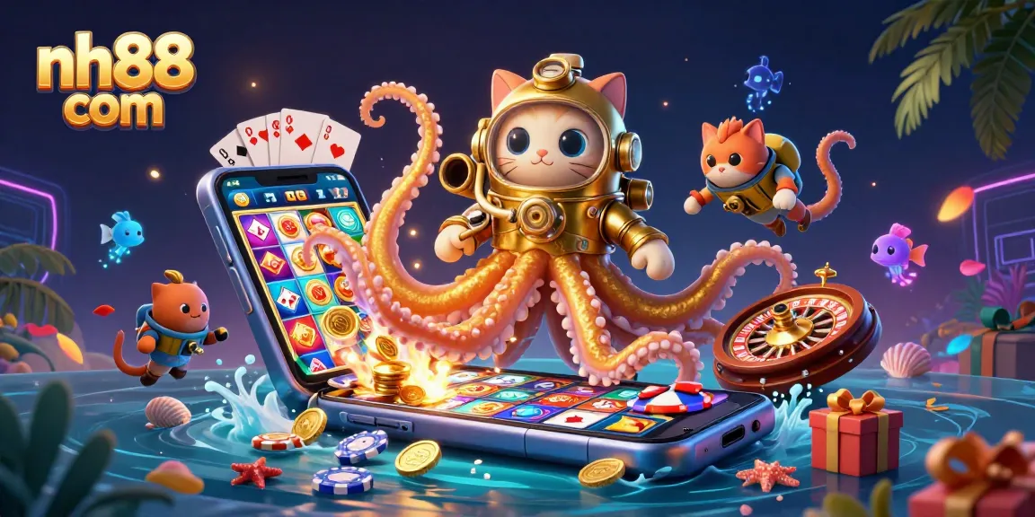 Engage with exciting games at nh88 com featuring a majestic kraken and vibrant slot machines.