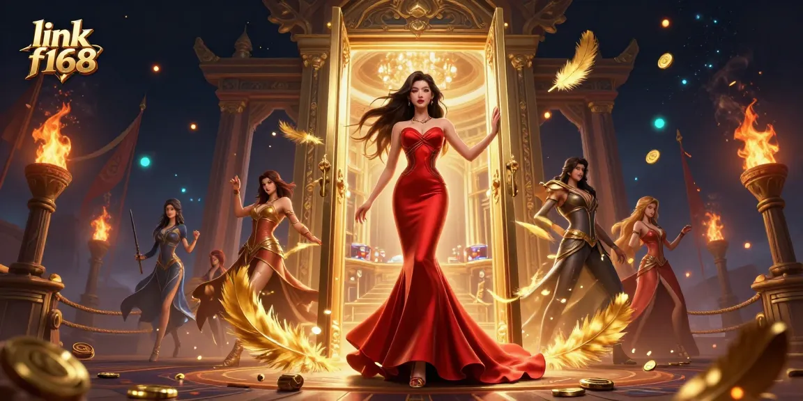 Win big with link f168 at the VIP casino, featuring an elegant woman amidst swirling gold.