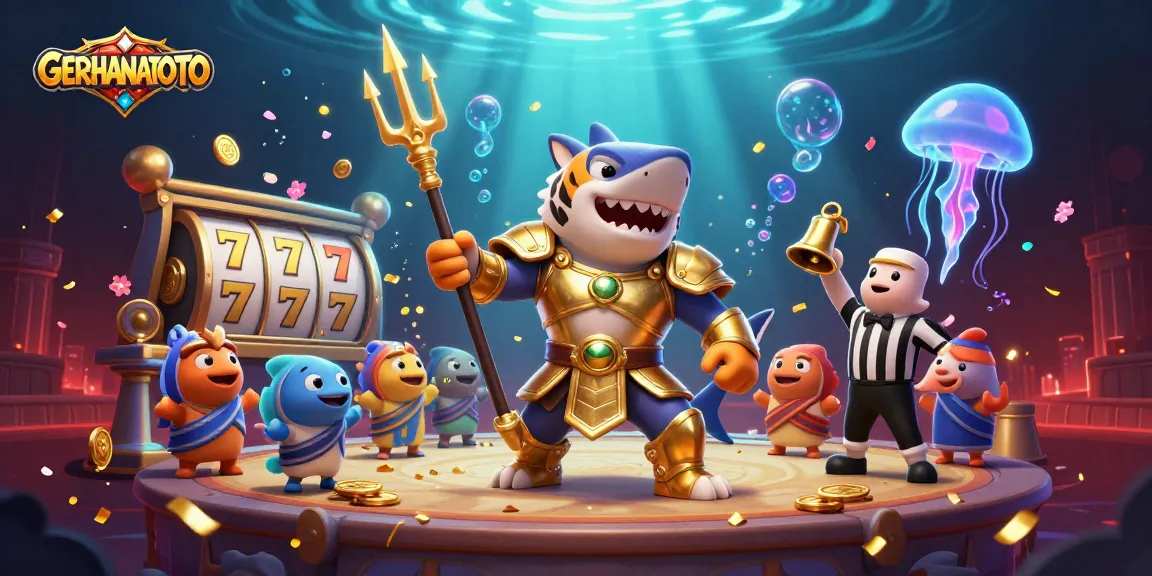 Menghadapi peluang di GERHANATOTO dengan karakter hiu kartun ganas mengenakan armor gladiator emas dalam arena lotto.