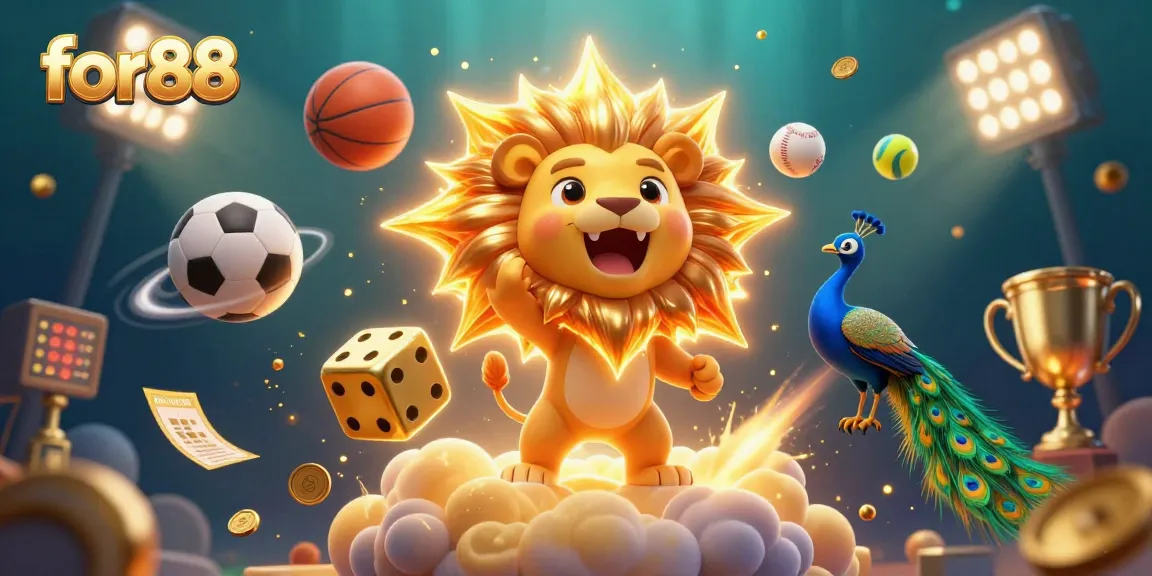 for88 features a vibrant 3D scene showcasing a golden lion, dynamic sports elements, and engaging casino motifs.