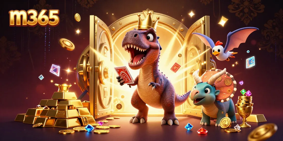 Engage in massive wins at m365 with a vibrant casino scene featuring a friendly T-Rex and dynamic gaming elements.