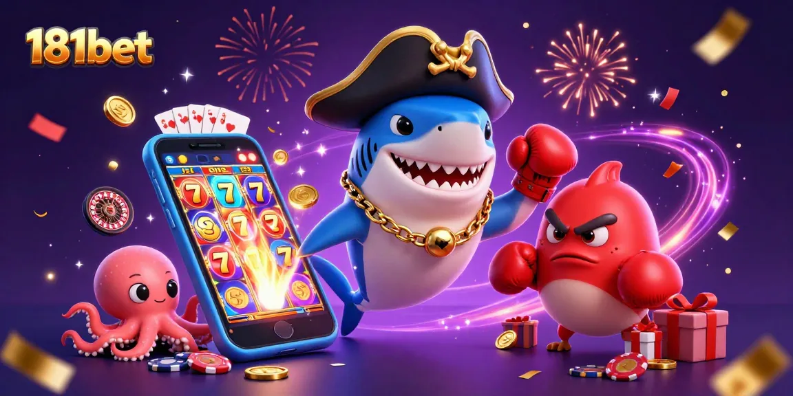 Spin to win at 181bet with an exciting, colorful scene featuring fun casino characters and games.