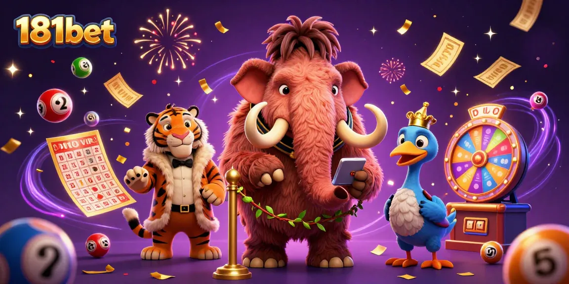 Experience vibrant excitement at 181bet with a cartoon woolly mammoth bouncer welcoming VIPs amidst colorful lottery elements.