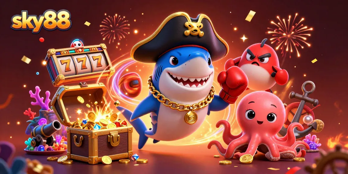 Engage with thrilling slot games at sky88 surrounded by treasure, playful characters, and vibrant effects.