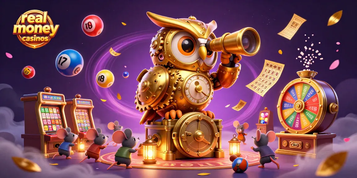 Experience the excitement of real money online casinos with a vibrant 3D illustration of a golden owl and casino elements.