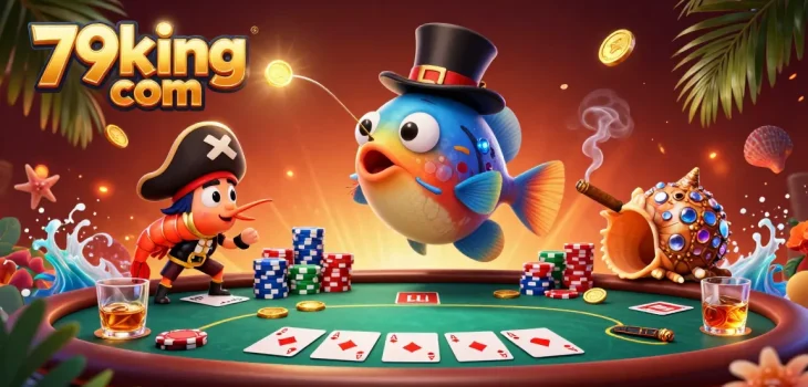 Play poker and win gold with 79king com's treasure-themed casino illustration.