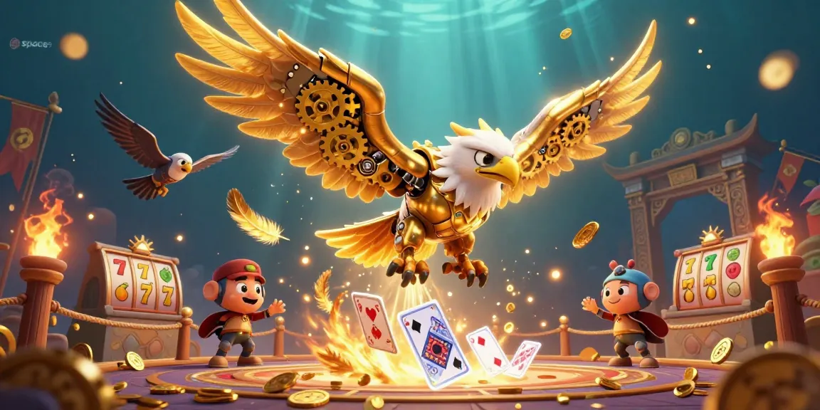 Experience thrilling gameplay with space9 at a vibrant 3D online casino featuring golden eagle and holographic cards.