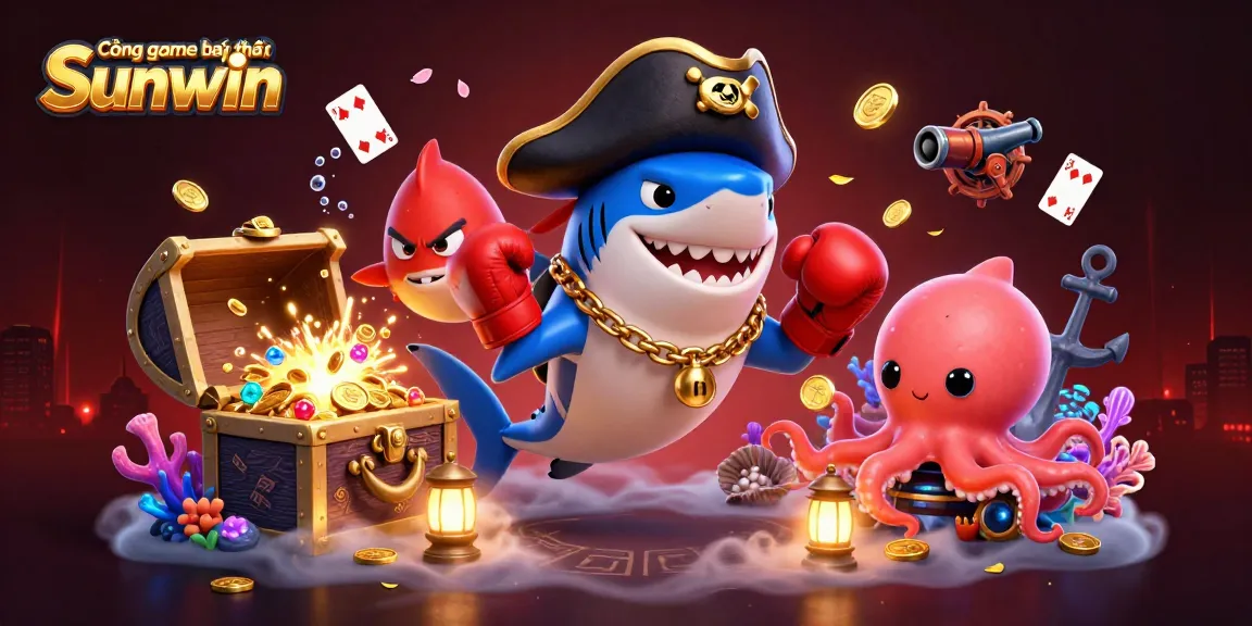 Cổng game bài đổi thưởng Sunwin captures thrilling action with a cartoon pirate shark and friends amidst treasure.