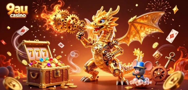 Experience the excitement of 9au casino with a dynamic illustration featuring a golden dragon and treasure elements.